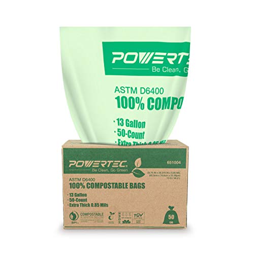 Product Cover POWERTEC ASTM D6400 Certified Compostable Bags - 50 Count | 49.2 Liter - 13 Gallon Trash Bags, 0.85 Mil, US BPI and European OK Compost Home Certification - 100% Sustainable Green Products