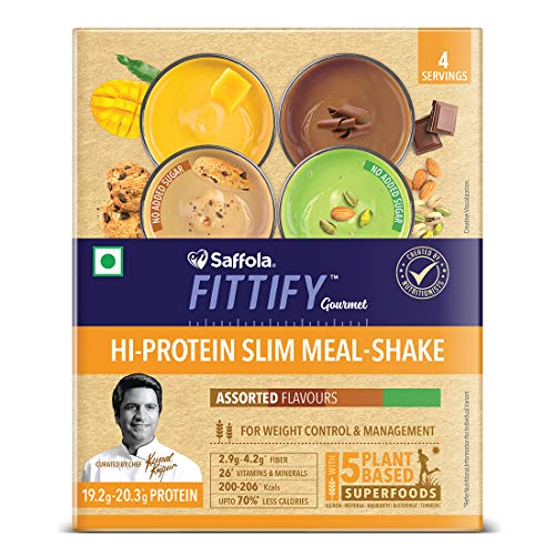 Product Cover Saffola FITTIFY Gourmet Hi-Protein Slim Meal-Shake, Meal Replacement, Assorted Flavours, (Swiss Chocolate, Alphonso Mango, Cookies & Cream & Pistachio Almond), 4 X 35 g