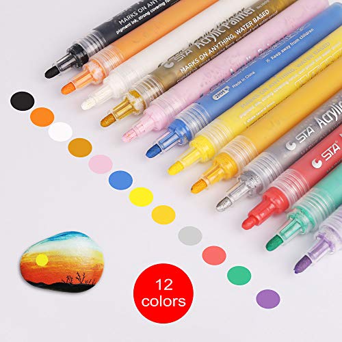 Product Cover Acrylic Paint Marker Pens, Set of 12 Colors Markers Water Based Paint Pen for Rock Painting, Canvas, Photo Album, DIY Craft, School Project, Glass, Ceramic, Wood, Metal (M12)