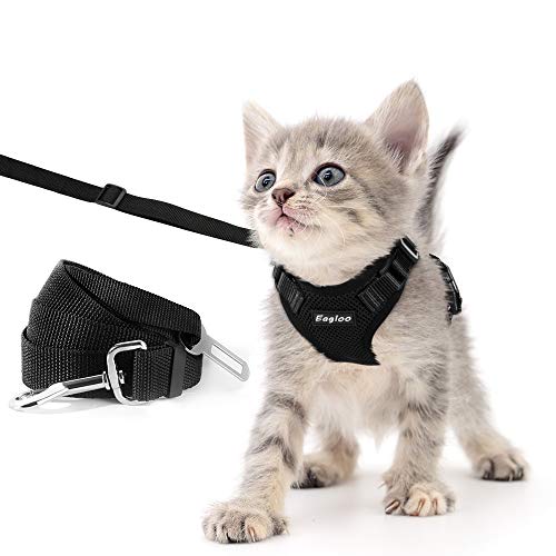 Product Cover Eagloo Cat Harness and Leash Set for Walking Escape Proof with 2-in-1 Leash and Car Seat Belt Adjustable Harness for Cats Soft Mesh Cat Vest with Reflective Strap for Kitten Rabbit Puppy Black X-Small