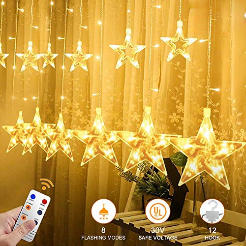 Product Cover TOFU Star Curtain Lights, 7.2ft x 3.3ft 138 LED Waterproof Window Lights with 12 Stars 8 Flashing Modes RF Remote, Indoor Outdoor Decoration for Christmas, Bedroom, Wedding, Party, Patio, Warm White