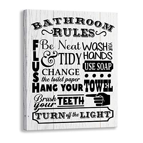 Product Cover Kas Home Bathroom Canvas Wall Art | Rustic Bathroom Funny Rules Prints Signs Framed | Wood Background Bathroom Laundry Room Decor (12 x 15 inch, Bathroom Rules - 02)