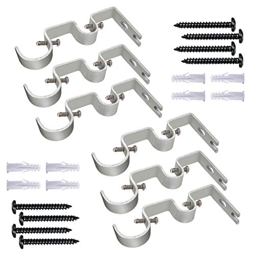 Product Cover TLBTEK 6PCS Silver Curtain Rod Bracket,Double Curtain Rod Hanging Brackets Wall Mount Heavy Duty,Adjustable Curtain Rod Holders Hardware for Window, Bedroom, Home Curtain rods,Drapery Rod