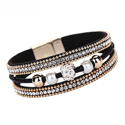 Product Cover Willsa Jewelry for Women, Multilayer Bangle Bracelet Crystal Beaded Leather Wristband (Black)