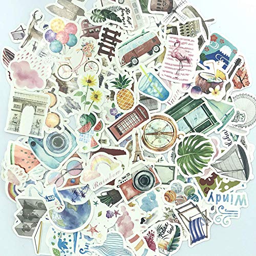Product Cover 125 Pieces Watercolor Travel and Outdoor Adventure Stickers,Cartoon Waterproof Vinyl Pop Phone Guitar Skateboard Motorcycle Suitcase Sticker Decal for Teens Planners and Journals