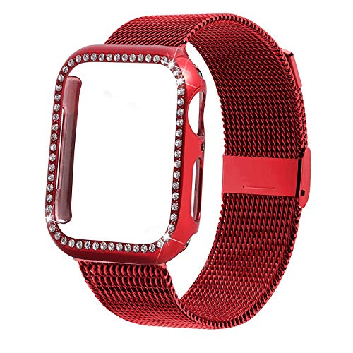 Product Cover INTENY Compatible for Apple Watch Band 40MM with Bling Screen Protector, Women Stainless Steel Mesh Strap with Protective Crystal Diamond Case Compatible for iWatch Series 4/3/2/1 (Red, 40mm)