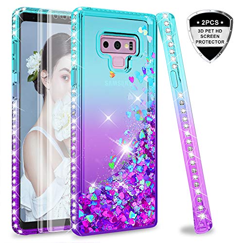 Product Cover Note 9 Case, Samsung Note 9 case with 3D PET Screen Protector [2 Pack] for Girls Women, LeYi Glitter Bling Diamond Liquid Quicksand Clear Protective Phone Case for Galaxy Note 9 ZX Teal/Purple