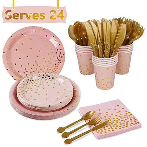 Product Cover Pink Gold Party Supplies Disposable Tableware - Paper Dinnerware, Paper Plates, Cutlery, Napkins, Cups, Cutlery (Spoons, Forks, Knives) for Wedding, Girl birthday party, Baby Shower, Serves 24