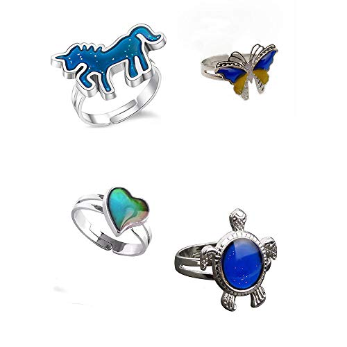 Product Cover Tattooshe Color Changing Mood Ring Turtle/Butterfly/Unicorn Horse Mood Ring Adjustable Size for Women and Girls 4Pcs Pack
