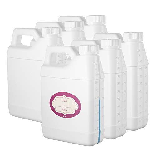 Product Cover Pack of 6 - Rectangular White F-Style Jugs - Empty 32 oz Plastic Bottle with Scale Line - Jug Container with Child Resistant Airtight Lids and Labels - for Home and Commercial Use - BPA Free HDPE