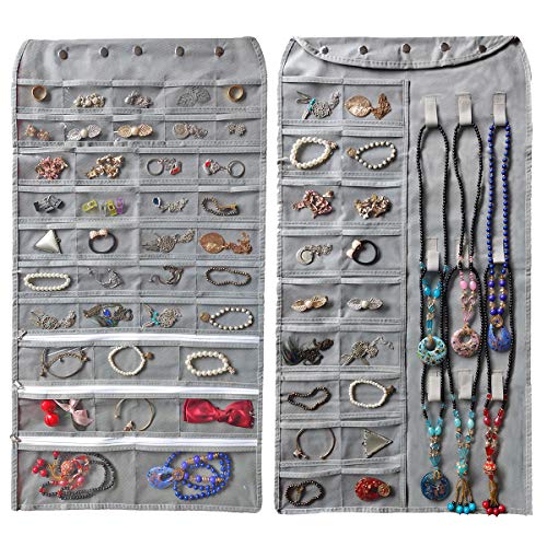 Product Cover Btromeshy Hanging Jewelry Organizer,Double Sided 56 Pockets and 9 Hook Loops for Holding Jewelry (Grey)