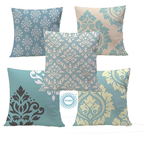 Product Cover STITCHNEST Ethnic Flowers Teal Printed Canvas Cotton Cushion Covers, Set of 5 (16 x 16 Inches)