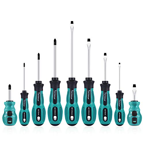 Product Cover Magnetic Screwdriver Set 9PCS,Famistar Professional Cushion Grip 5 Flat Head and 4 Phillips Tips Screwdriver Non-Slip for Repair Home Improveme Craft