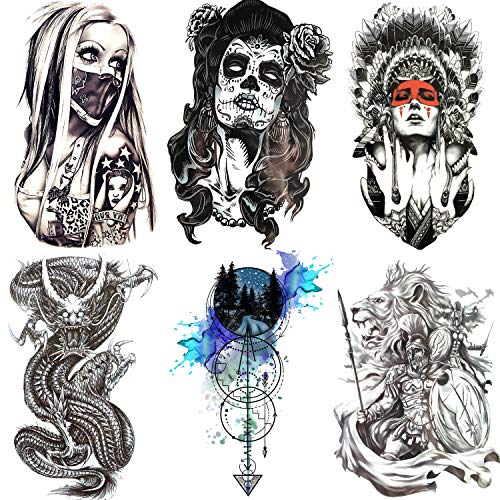 Product Cover COKTAK 6 Pieces/Lot Large Black Dragon Temporary Tattoos Stickers For Men Boys Death Skull Anchor Arrows Waterproof Fake Tattoos For Women Arm Gangster Spartan Indian Warrior Tatoos Adult Armband