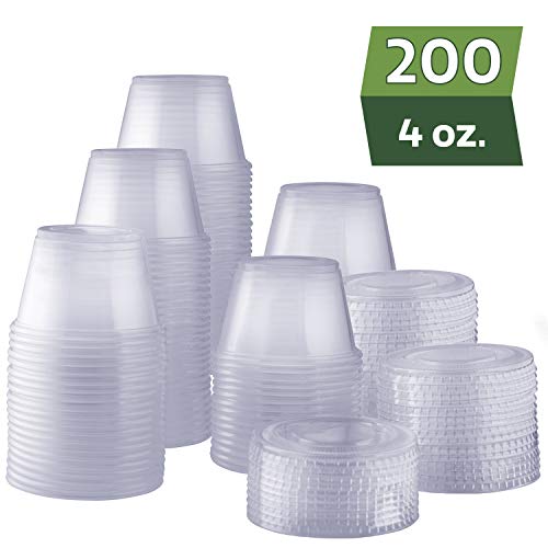Product Cover [200 Sets - 4 oz.] Plastic Disposable Portion Cups with Lids, Souffle Cups, Jello Cups