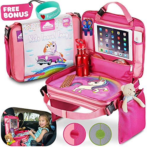 Product Cover funtasit Kids Travel Tray All-in-One Carry Bag, Play Table, Storage and Tablet Holder with Detachable Back - Side Pockets - Sturdy, Leakproof, Easy Clean. Bonus Bracelet (Pink)