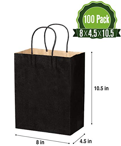 Product Cover Black Kraft Paper Gift Bags Bulk with Handles 8 X 4.5 X 10.5 [100Pcs]. Ideal for Shopping, Packaging, Retail, Party, Craft, Gifts, Wedding, Recycled, Business, Goody and Merchandise Bag