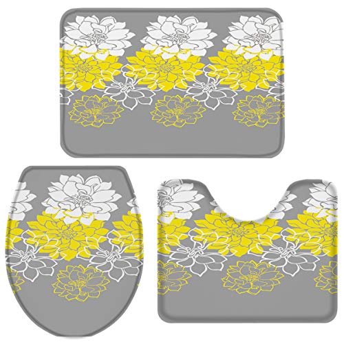 Product Cover Libaoge Bathroom Mat Sets 3 Piece/Set Rugs Dahlia Pinnata Flower Yellow White with Grey Background Memory Foam Mat Set Matches Anti-Skid Toilet Seat Cover Bath Mat Lid Cover 20