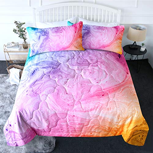 Product Cover BlessLiving 3 Piece Pink Comforter Set with Pillow Shams Marble Bedding Set with 3D Printed Designs Reversible Comforter Twin Size Soft Comfortable Machine Washable Girls Abstract Pastel Pink Purple