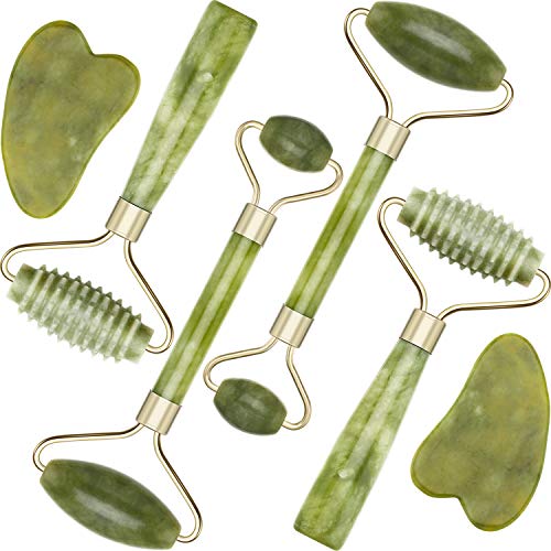 Product Cover 4 Pack Jade Roller Facial Ridged Roller Kits Skin Roller with 2 Pieces Gua Sha Scraping Massage Tools Anti Aging and Wrinkles for Face, Eye, Neck, Body for Lymphatic Massage (Style C)