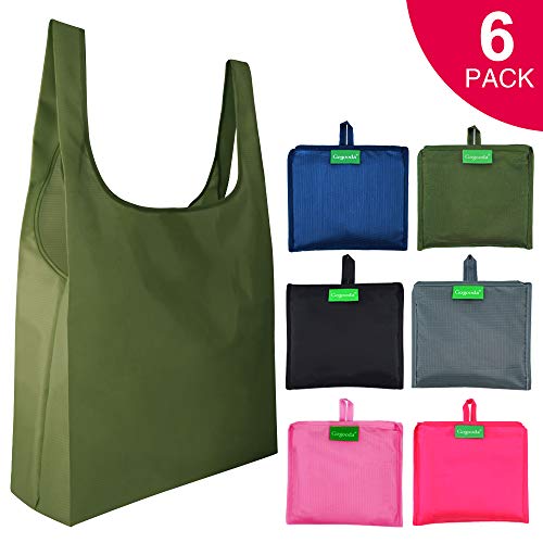 Product Cover 6 Pcs Reusable Grocery Bags, Heavy Duty Shopping Merchandise Bags with Foldable into Attached Pouch Design, Ripstop Grocery Tote (Moss, Pink, Rose, Black, Gray, Navy Blue)