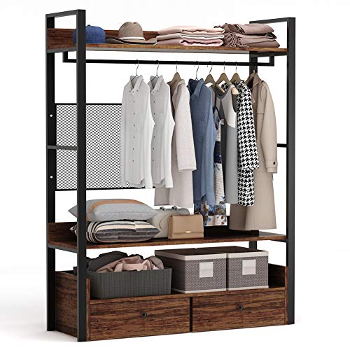 Product Cover Tribesigns Free-Standing Closet Organizer,Heavy Duty Clothes Rack with 3Shelves,Handing Bar and Drawers, Large Closet Storage Stytem& Closet Garment Shelves,Retro Brown