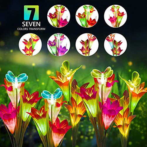 Product Cover DUUDO Solar Garden Stake Lights, Upgraded Solar Powered Flower Lights with 12 Lily Flowers & Butterfly, 7-Color Solar Lights Outdoor Decorative for Patio, Backyard, Garden (Red & Purple, 4 Packs)