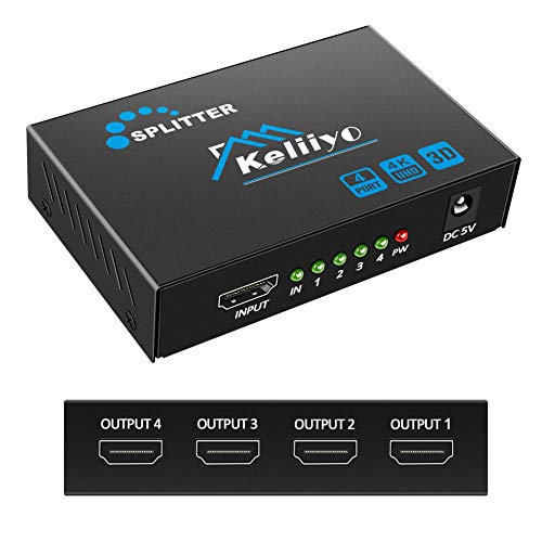 Product Cover KELIIYO HDMI Splitter 1 in 4 Out - 4K Hdmi Splitter 1x4 Ports(Upgrade) Powered HDMI Splitter Supports 3D 4K@30HZ 1080P for Xbox PS4 PS3 Fire Stick Roku Blu-Ray Player (1 Input 4 Outputs)