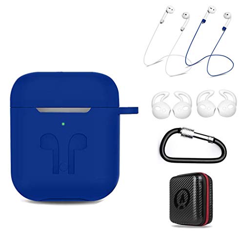 Product Cover AirPods Case 7 in 1 for Airpods 1&2 Accessories Kits Protective Silicone Cover for Airpod Gen1 2 (Front Led Visible) Included 2 Ear Hook /2 Staps/1 Clips Tips Grips/1 Zipper Box Blue (amasing)