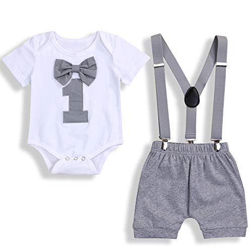 Product Cover GRNSHTS Baby Boy Funny First Birthday Clothes Infant Boy Bow Tie Romper Bodysuit Cake Smash Outfits (A Gray, 12-18 Months)