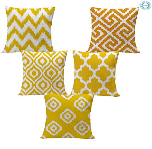 Product Cover STITCHNEST Yellow Geometrical Ikat Ethnic Printed Canvas Cotton Cushion Covers, Yellow Set of 5 (16 x 16 Inches)