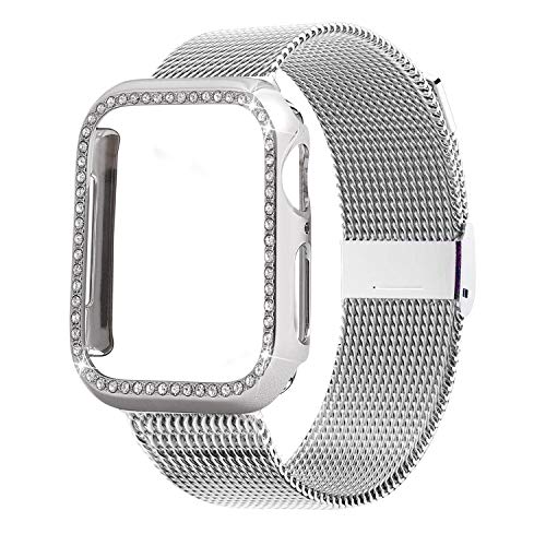 Product Cover INTENY Compatible for Apple Watch Band 44MM with Bling Screen Protector, Women Stainless Steel Mesh Strap with Protective Crystal Diamond Case Compatible for iWatch Series 4/3/2/1 (Silver, 44mm)