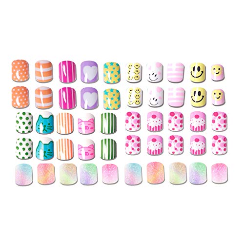 Product Cover 120 pcs 5 Pack Children Nails Press on Pre-glue Full Cover Glitter Gradient Color Rainbow Short False Nail Kits Great Christmas Gift for Kids Little Girls