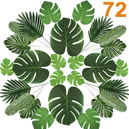 Product Cover 72 Pcs 6 Kinds Palm Leaves Artificial Tropical Plant Faux Leaves Safari Leaves Faux Monstera Leaves Hawaiian Luau Party Suppliers Decorations,Tiki Aloha Jungle Beach Birthday Table Leave Decorations