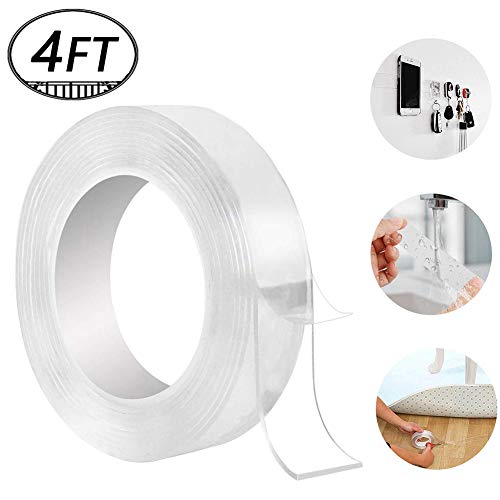 Product Cover Washable Adhesive Tape, Hompie 4 FT Traceless Reusable Clear Double Sided Anti-Slip Gel Pads,Removable Sticky Transparent Strips Grip for Glass, Metal, Kitchen Cabinets or Tile -1.2m