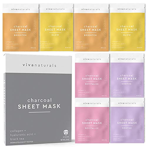 Product Cover Face Mask for Korean Skincare - Sheet Mask for Detoxifying, Cleansing, Moisturizing and Brightening Skin | Dermatologist Tested Charcoal Face Mask with Collagen & Hyaluronic Acid for Soft Skin, 8 Pack