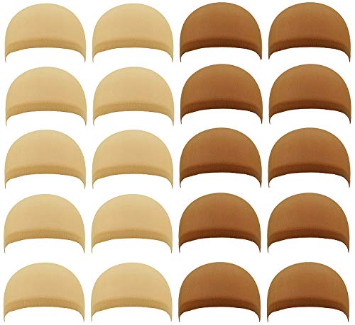 Product Cover 20 PCS Nylon Stretchy Material Wig Caps, PAFOWO 10 PCS Natural Beige Stocking Hair Nets & 10 PCS Light Brown Caps for Wigs Women