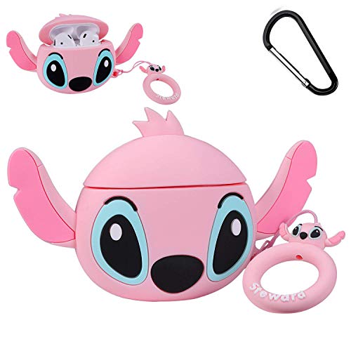 Product Cover Joyleop(Q Stitch-Pink) Compatible with Airpods 1/2 Case Cover, 3D Cute Cartoon Animal Funny Fun Cool Kawaii Fashion,Silicone Character Skin Keychain Ring, Girls Boys Teens Kids,Case for Airpod 1& 2