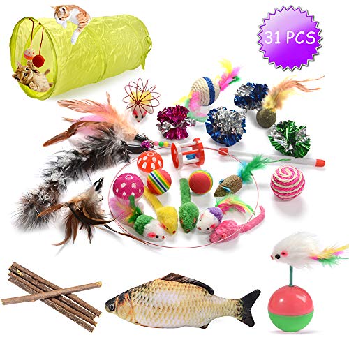 Product Cover Cat Toys Kitten Toys Assortments,31Pcs,2 Way Tunnel,Cat Feather Toys,Interactive Feather Toy,Catnip Fish,Matatabi Chew Sticks,Fluffy Mouse,Mice,Crinkle Balls, Tumbler toy, Bells,Scratching Toys