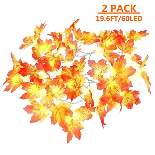 Product Cover MAOYUE Fall Decorations 2 Pack Lighted Fall Garland 19.6 Ft 60 LED Autumn Leaf Garland, Battery Operated Fall String Lights with Timer for Thanksgiving Decorations, Halloween, Outdoor Autumn Decor