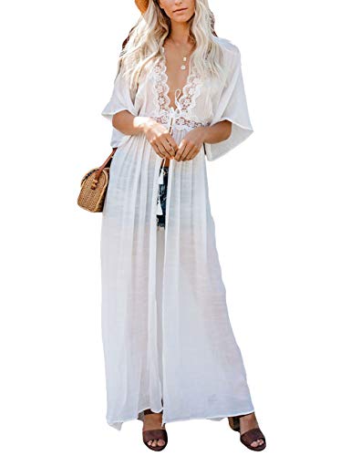 Product Cover Bsubseach White Swimwear Half Sleeve Beach Kimono Cardigan with Belt Open Front Bikini Swimsuit Cover Ups