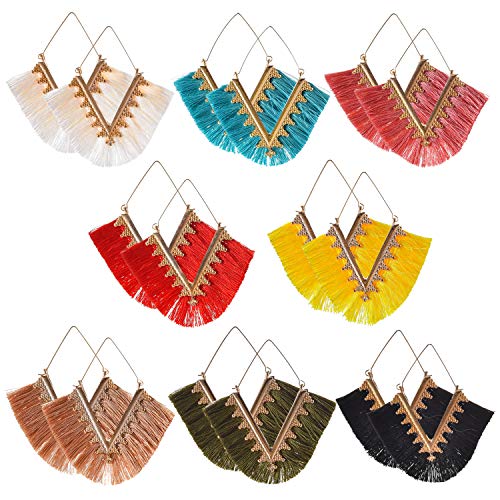 Product Cover Sunmoon V Shape Tassel Statement Earrings for Women Silky Fringed Dangle Earrings Handmade Geometric Triangle Drop Earrings 8 Pairs Halloween Costume Party Decoration Supplies