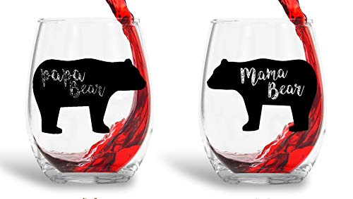 Product Cover Mama Bear, Papa Bear - 15oz Crystal Wine Glasses - Couples Stemless Wine Glasses - His And Hers Gifts Ideas For Anniversary, Weddings, Bridal Showers