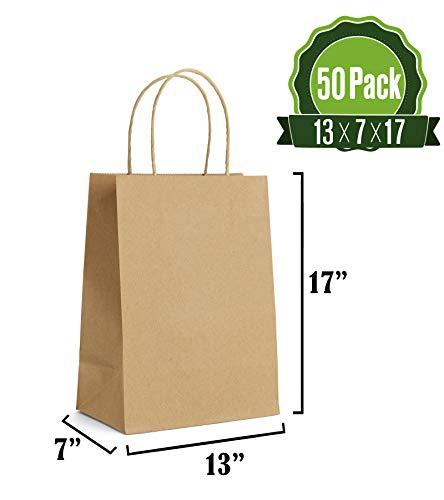 Product Cover Brown Kraft Paper Gift Bags Bulk with Handles 13 X 7 X 17 [50Pc]. Ideal for Shopping, Packaging, Retail, Party, Craft, Gifts, Wedding, Recycled, Business, Goody and Merchandise Bag