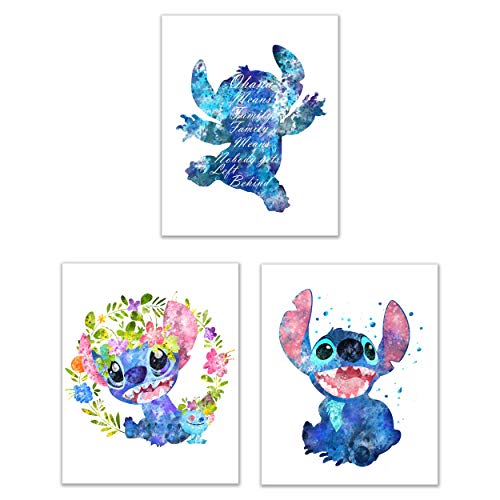 Product Cover Summit Designs Ohana Watercolor Lilo and Stitch Wall Art Decor - Set of 3 (8x10) Inch Unframed Poster Photos - Kids Bedroom