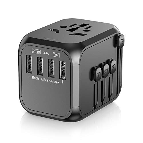 Product Cover SAUNORCH Universal International Travel Adapter Accessories, International Power Adapter W/ 3.4A 4XUSB Wall Charger, European Plug Adapter Converter for Europe UK EU US CA AU Italy Asia -Gray