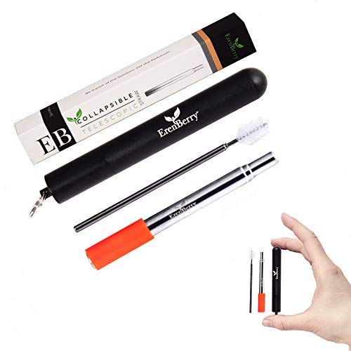 Product Cover Collapsible Telescopic Stainless Steel Straw - Reusable Metal Straw with Case, Keyring, Cleaning Brush and Silicon Tip in a Giftable Box - Black Case