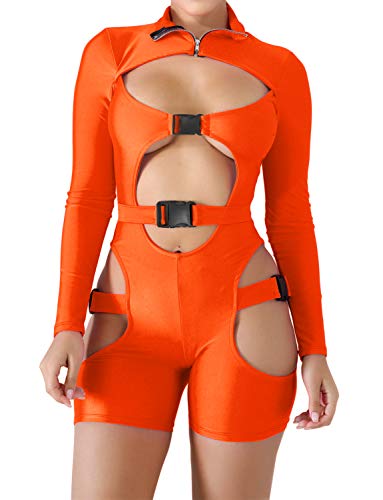 Product Cover VWIWV Women Long Sleeves Jumpsuit Bodycon Buckle Romper Sexy Hollowing Out Bodysuit Short Jumpsuit Pants (X-Large(fits Like US 10-12), Orange)