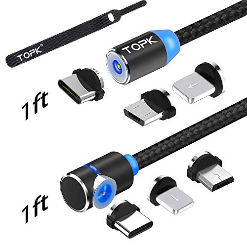 Product Cover TOPK USB Magnetic Cable,Micro USB and Type C 3in1, 90 Degree Right Angle,Nylon Braided Cord,360 Magnetic Charging Cable with Led Light,(2-Pack,1ft/1ft) Magnetic Phone Charger Cable for Android