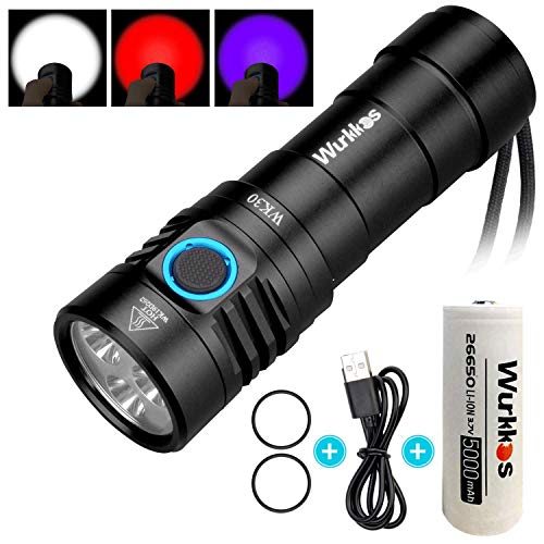 Product Cover Wurkkos Handheld Flashlight, Rechargeable Home Flashlight Torch High 90 CRI, Portable Flashlight with Red Light/UV Blacklight, Waterproof Outdoor Flashlight Included 26650 Battery